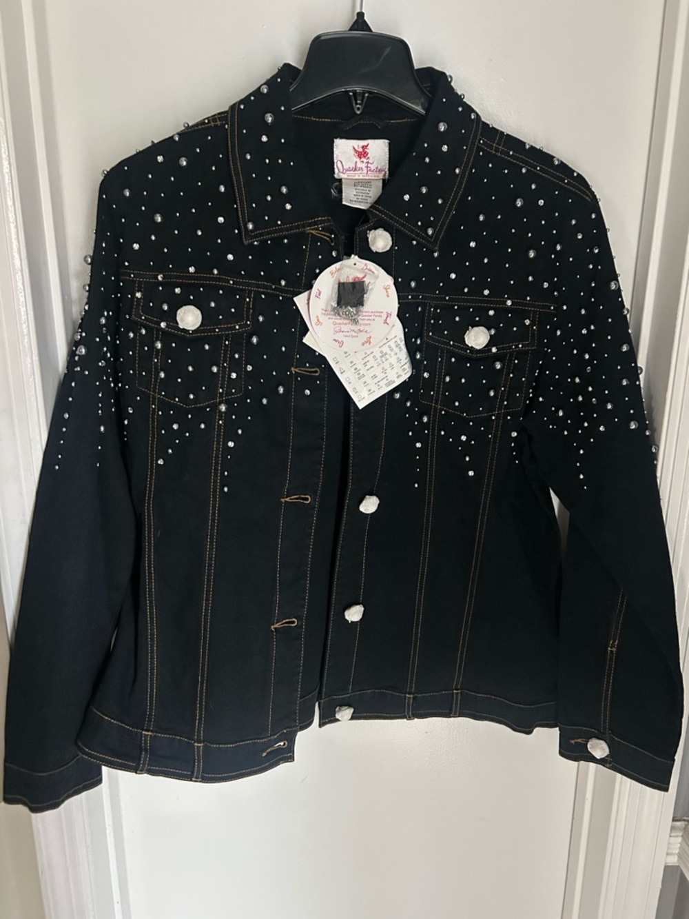 Quacker Factory Black Denim Jacket with Silver Studs. Two pockets on chest.